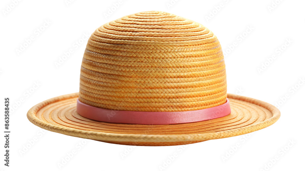 A classic summer accessory, a straw hat sits alone on a white background A classic summer accessory, a straw hat sits alone on a white background
