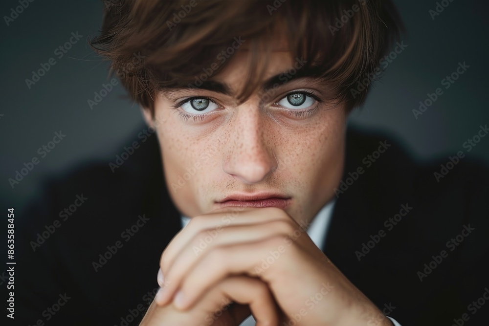 Intense Gaze of a Freckled Young Man with Striking Blue Eyes Intense Gaze of a Freckled Young Man with Striking Blue Eyes
