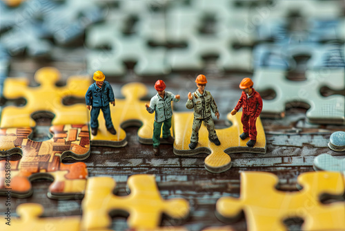 Miniature employees on an incomplete jigsaw puzzle, teamwork and problem-solving