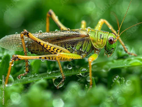 A close-up of a cricket perched on a rain-soaked blade of grass, its body covered in tiny droplets of water. The vibrant green of the cricket and grass creates a harmonious palette