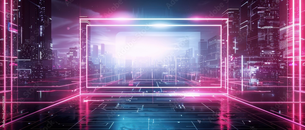 Obraz premium Futuristic city with neon billboards, urban night scene, blank digital advertisement space