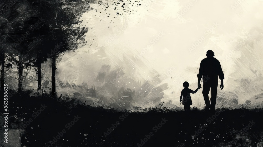Parent and child silhouette walking away Parent and child silhouette walking away