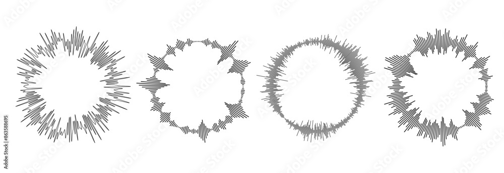 Radial sound wave ray pattern set. Circle sun burst beams collection. Circular audio, music or voice icon bundle. Round equalizer spectrum symbol pack. Vector black wavy soundwave center elements Radial sound wave ray pattern set. Circle sun burst beams collection. Circular audio, music or voice icon bundle. Round equalizer spectrum symbol pack. Vector black wavy soundwave center elements