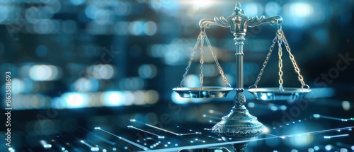 Futuristic justice, scales of justice, digital background, blue lights, high-tech law photo