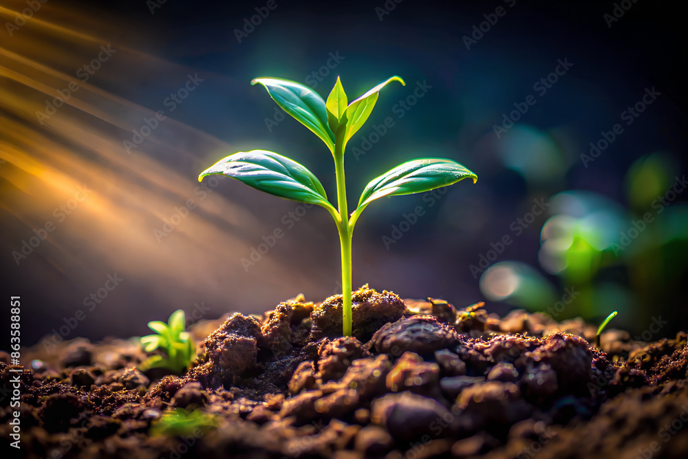 new growth green plant dark background with sunray shine on leaves bokeh effects new growth green plant dark background with sunray shine on leaves bokeh effects