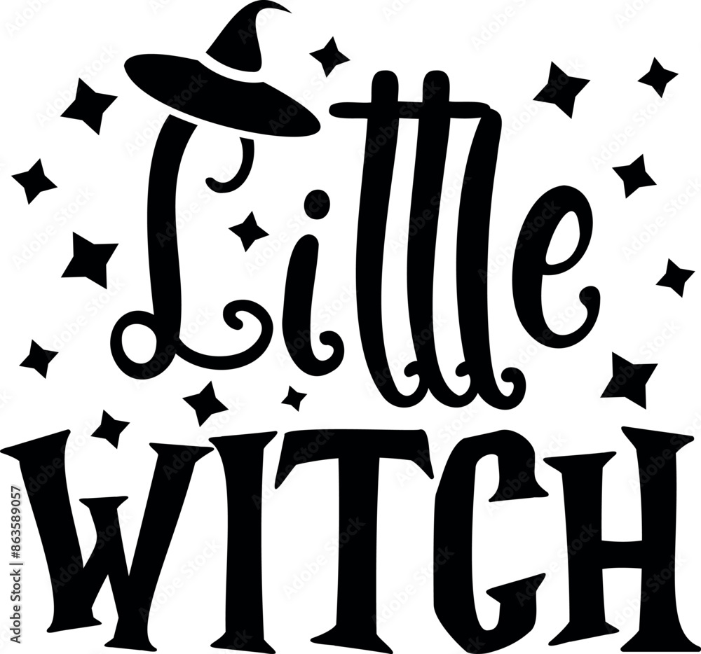 Little witch. Halloween party lettering logo phrase. Black design element. Fashion design. Vector font illustration. Little witch. Halloween party lettering logo phrase. Black design element. Fashion design. Vector font illustration.