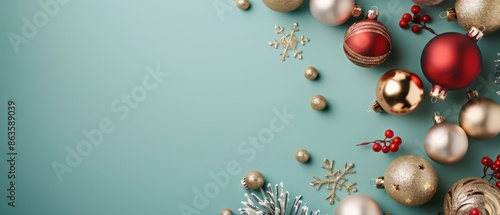 Holiday season decorations on teal background, Christmas ornaments, gold and red theme, festive feel