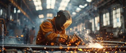 Industrial Welder Working With Sparks Flying In Factory