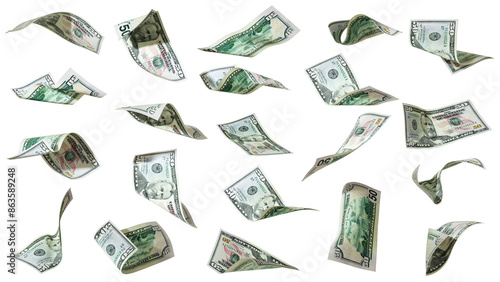 3D rendering of Set of 50 US dollar notes flying in different angles and orientations isolated on transparent background. currency of United states
