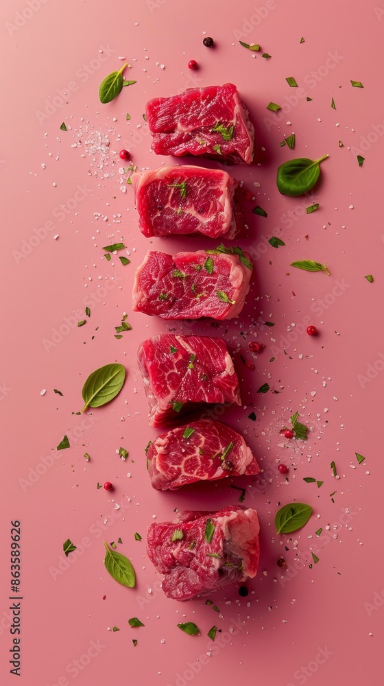 Levitating rib steak cut pieces separated pastel background Levitating rib steak cut pieces separated pastel background