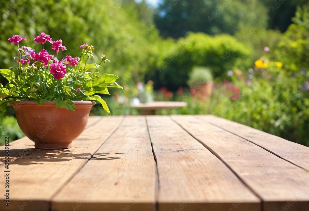 table with flowers for product visualization in the garden table with flowers for product visualization in the garden