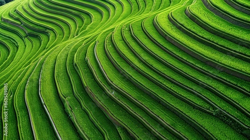 Top-down view of terraced rice fields, lush green steps, rural landscape, natural beauty