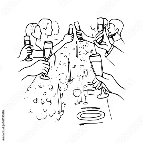 silhouettes of guests with raised glasses of champagne over a table served and decorated with flowers - hand drawn line sketch. wedding, dinner party, special event