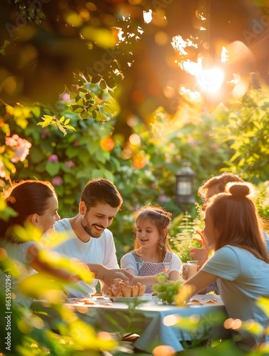 cheerful family having fun, sitting at the table at summer garden in leafy inner courtyard under the evening sun rays