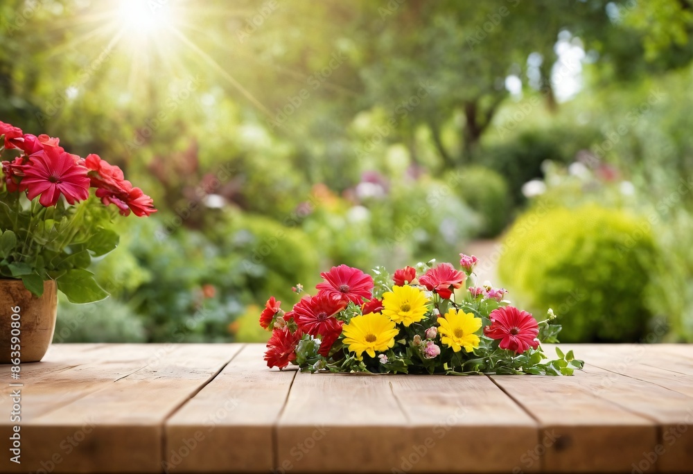 Fototapeta premium table with flowers for product visualization in the garden