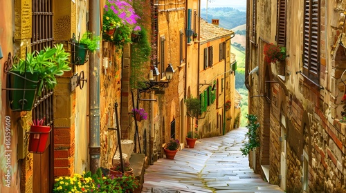 Fototapeta Naklejka Na Ścianę i Meble -  Colorful street in Pienza, Tuscany, Italy