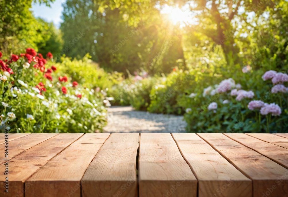 table with flowers for product visualization in the garden table with flowers for product visualization in the garden