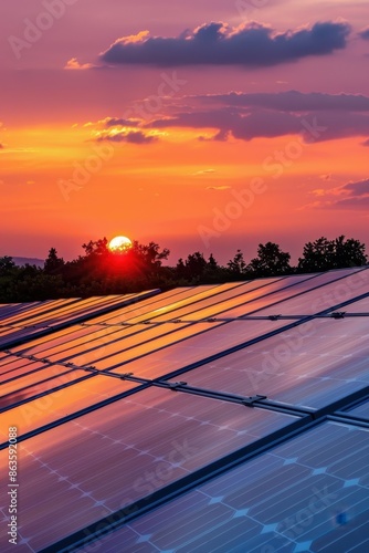 Photovoltaic solar panels on sunset sky background 