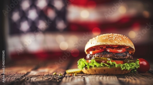 A photo of an American hamburger with lettuce, tomato and pickles on the side, on a wooden table with a blurred American flag in the background. © Kenny