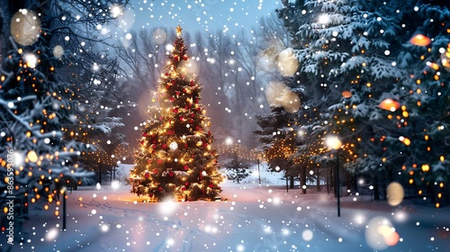 a snowy landscape with decorated Christmas treend twinkling lights in the background