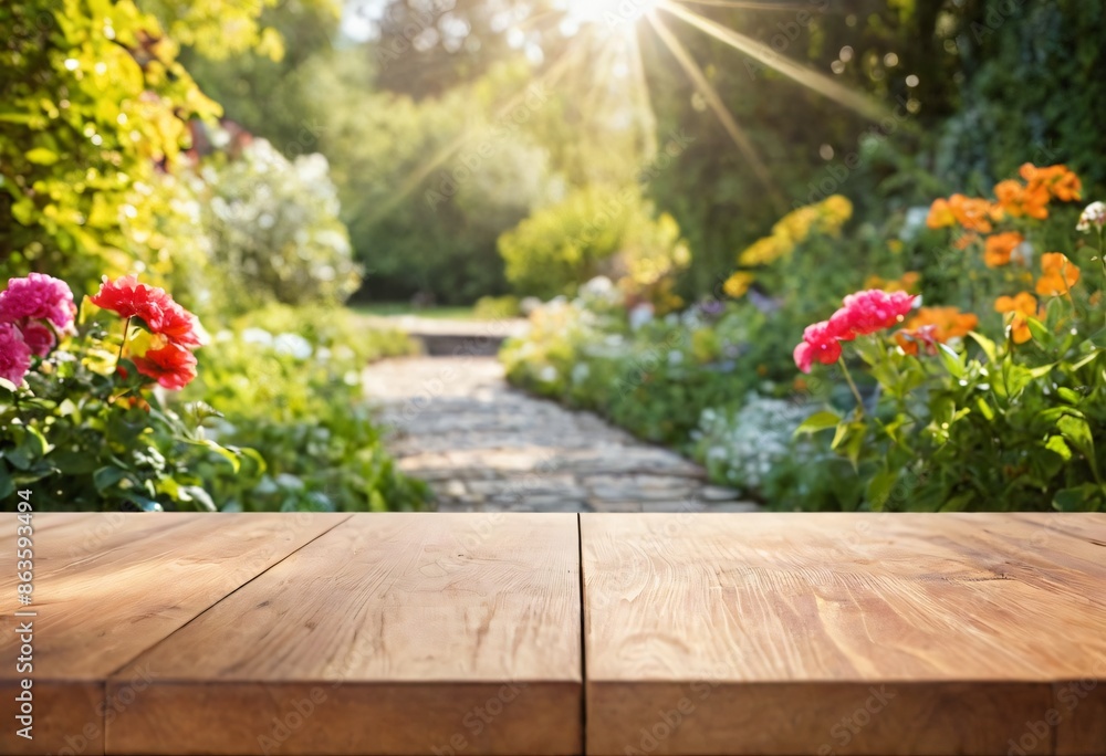 table with flowers for product visualization in the garden table with flowers for product visualization in the garden