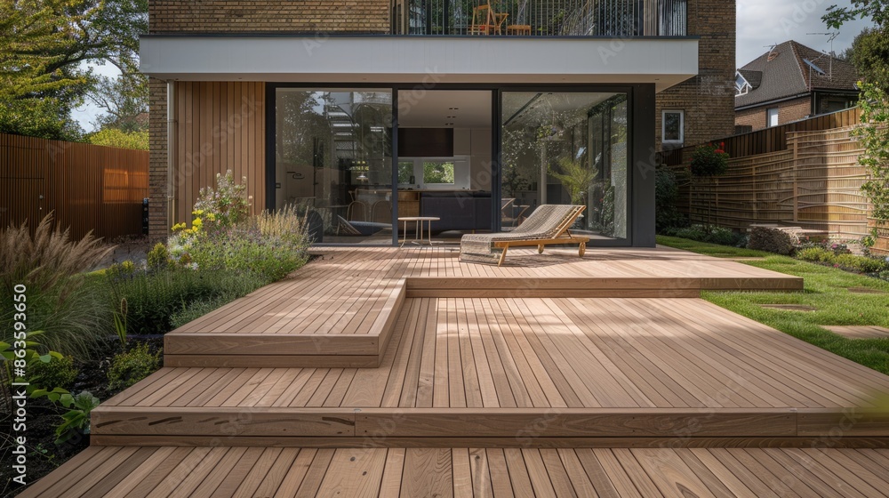 Fototapeta premium The exterior of a back garden patio area with wood decking