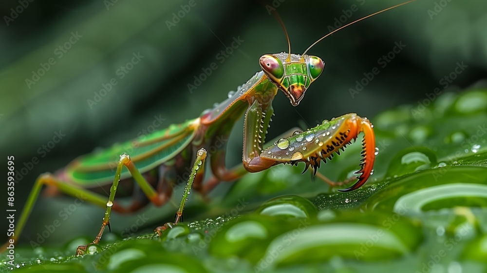 Fototapeta premium A close-up of a praying mantis perched on a rain-soaked leaf, its body covered in tiny droplets of water. The vibrant green of the mantis and leaf creates a harmonious palette, wit