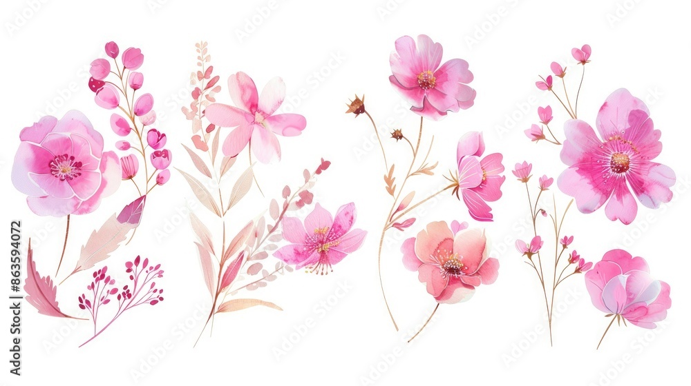 Obraz premium set watercolor pink flower for wedding decoration invitation on white background