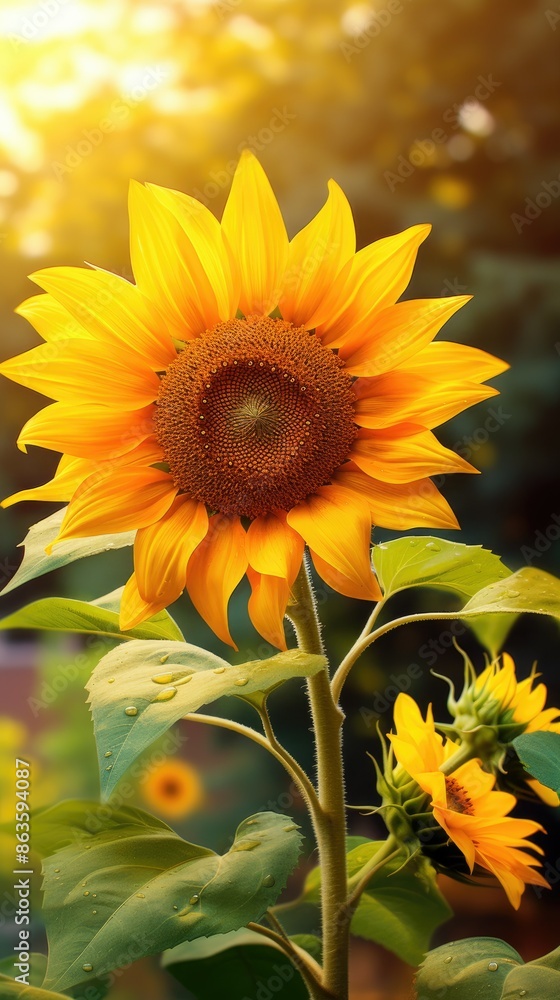 Naklejka premium Vibrant Sunflower Glistening with Water Droplets under Warm Sunbeam. Bokeh Effect in a Sunflowers Field Landscape Background