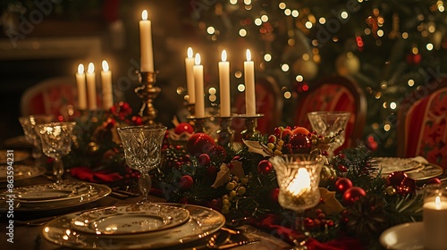 a table set for Christmas dinner with candles, holiday plates,nd festive centerpiece