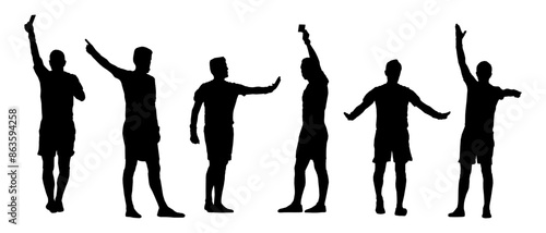 Set of football soccer arbitrator and referee silhouettes. Black, men in motion, showing different gestures.