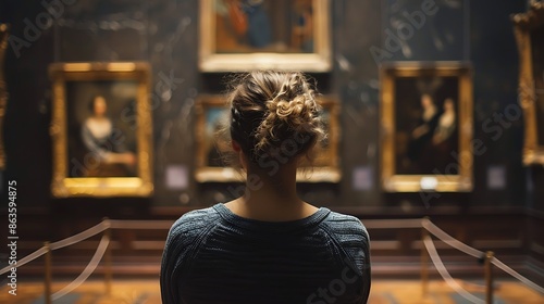 A back portrait of an adult woman immersed in contemplation while observing paintings in the serene ambiance of an old museum art gallery, under soft museum lighting.