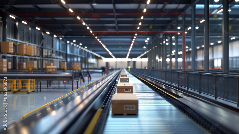 Fototapeta premium Efficient Automation Conveyor Belts in Motion at Modern Distribution Center