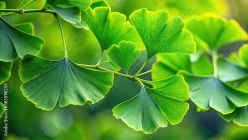 Close up of gingko biloba tree leaves with intricate patterns and vibrant green color, nature, plant, foliage, ginkgo, biloba photo
