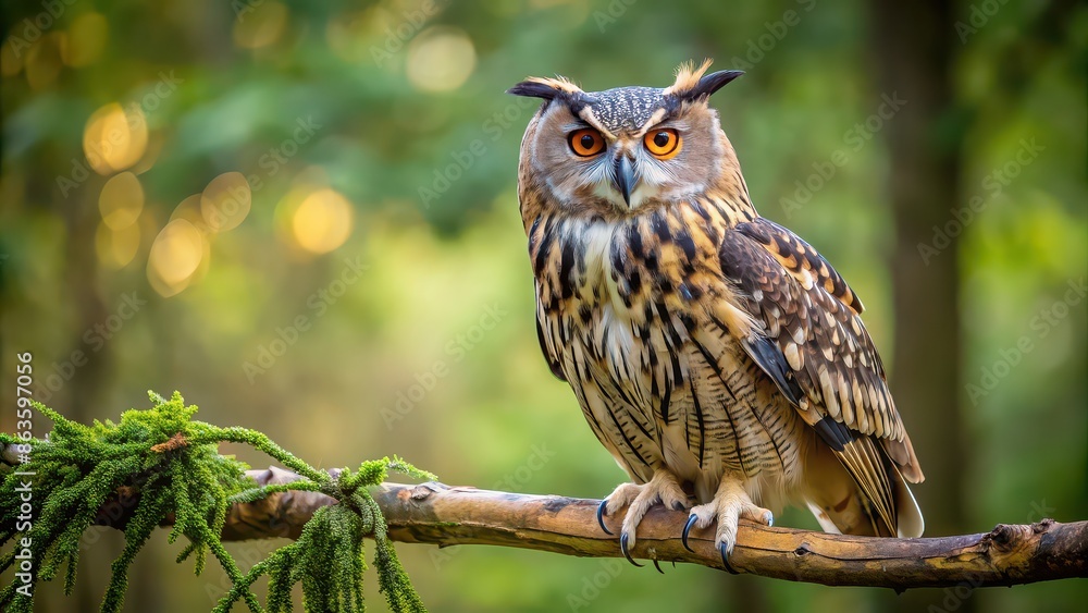 Eagle owl perched gracefully on a branch, eagle owl, bird, predator, wildlife, animal, nature, majestic, feathered, nocturnal