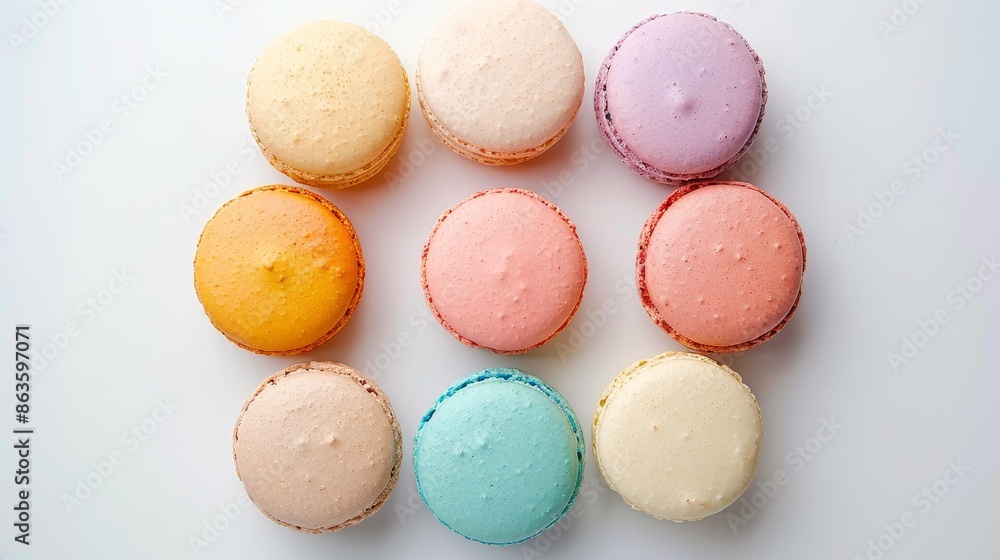 Circle of assorted pastel macarons on a trendy white background, viewed from above Circle of assorted pastel macarons on a trendy white background, viewed from above