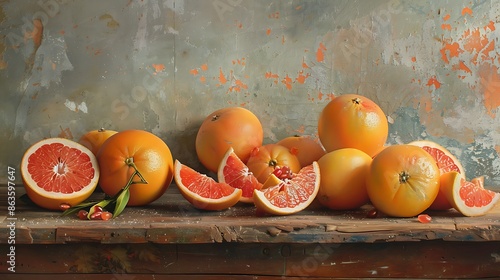 A picturesque scene of ripe grapefruits scattered on a rustic tabletop, their vibrant colors and bumpy textures inviting a taste of sweet-tart freshness