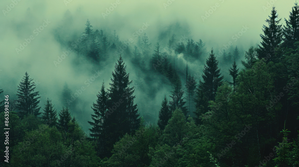 Fototapeta premium A dense forest shrouded in mist landscape