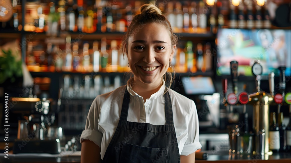 In front of the camera, a woman bartender stands straight-faced, smiling In front of the camera, a woman bartender stands straight-faced, smiling