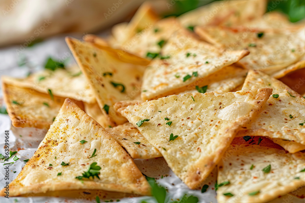 Pile of tortilla chips with parsley, snack food concept Pile of tortilla chips with parsley, snack food concept