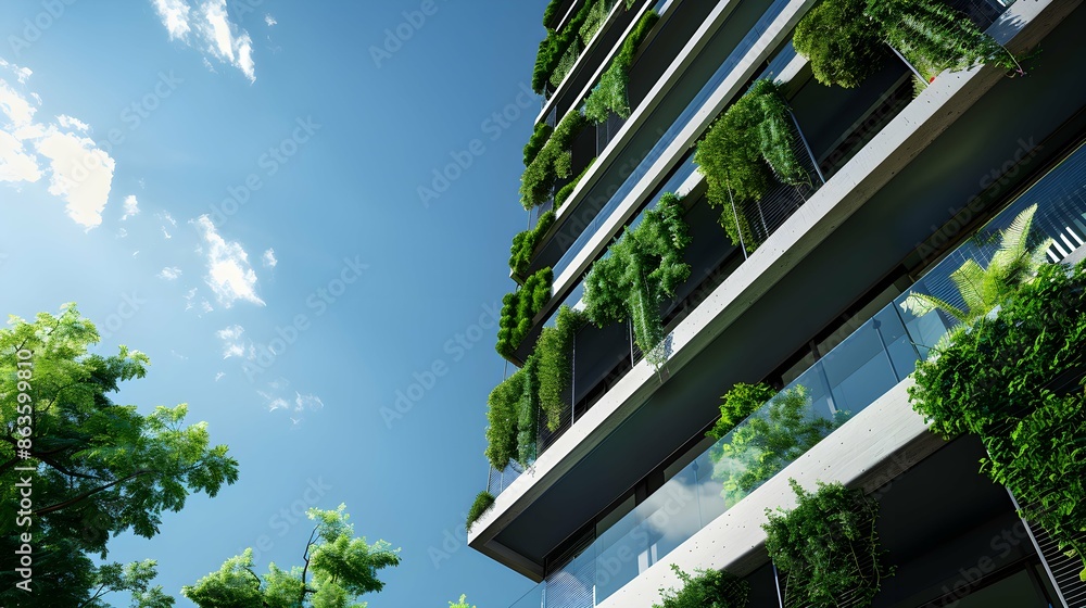 Low angle view to modern apartments house or office building with vertical living green wall Low angle view to modern apartments house or office building with vertical living green wall
