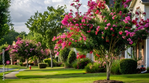 lush blooming crape myrtle trees on green lawn in a neat neighborhood photo