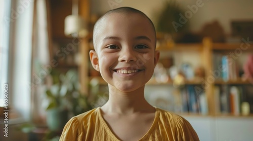 A young girl with a shaved head smiles confidently, challenging beauty standards and celebrating the resilience of children with cancer.