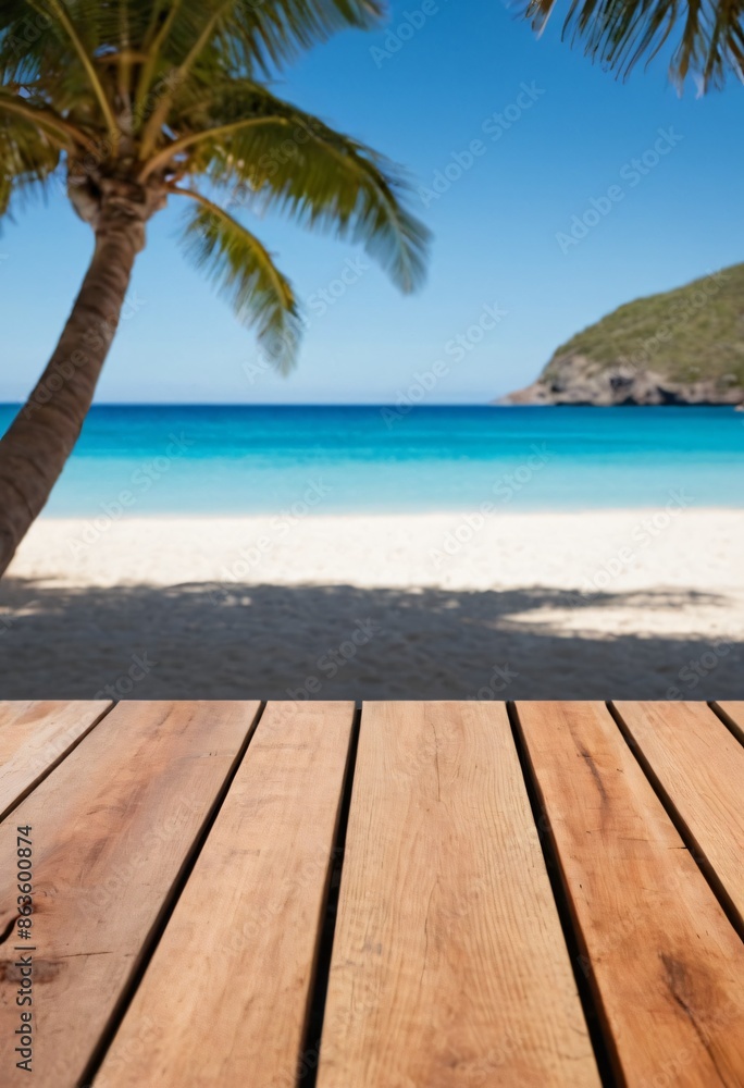Fototapeta premium table wood for product visualization in the tropical beach
