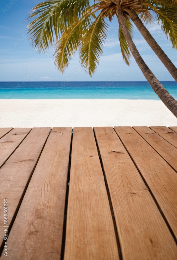 table wood for product visualization in the tropical beach table wood for product visualization in the tropical beach