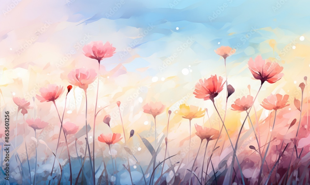 Obraz premium Serene Delicate Floral Pastel Background with Soft Blue, Pink, and Yellow Flowers - Digital Illustration of Natural Beauty