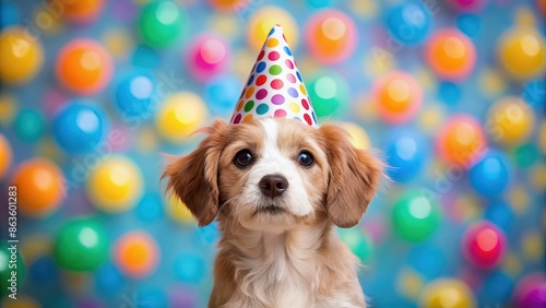 Funny puppy dog wearing party hat at birthday party with pet animal background, puppy, dog, party, birthday, hat, funny, cute © Sujid