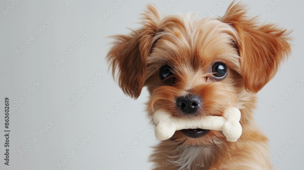 Small dog with bone in mouth on white background space for text Small dog with bone in mouth on white background space for text
