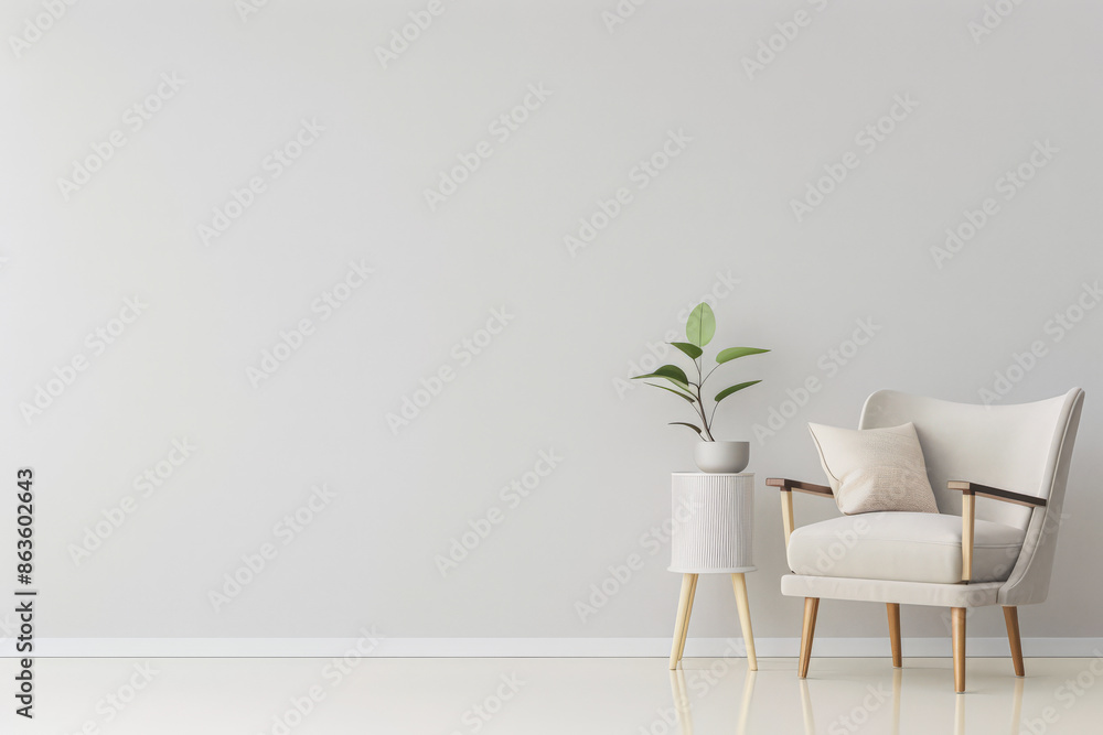 Fototapeta premium Modern interiors in neutral color with minimal furniture decor, copy space and natural lighting. Residential contemporary space for Real Estate advertising.