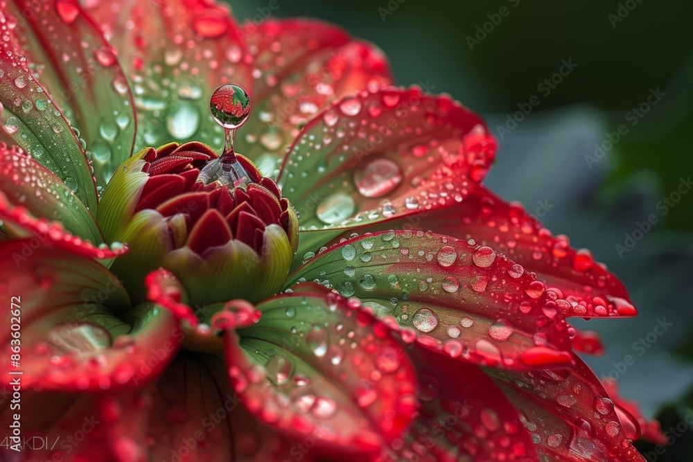 A single raindrop rests on the edge of a dahlia petal, reflecting the vibrant red and green colors in its tiny surface. The delicate textures of the dahlia are magnified by the dro A single raindrop rests on the edge of a dahlia petal, reflecting the vibrant red and green colors in its tiny surface. The delicate textures of the dahlia are magnified by the dro